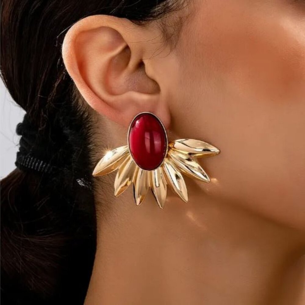 NEW Martina Retro Maroon Red and Gold Sunburst Statement Earrings - Picture 1 of 3